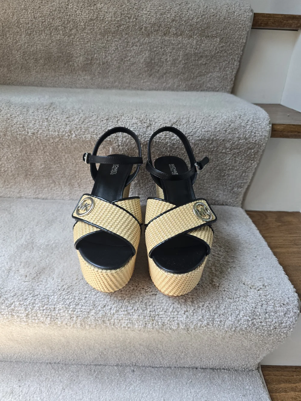 Michael Kors Black & Natural Woven Platform Wedge Sandals with MK Medallion